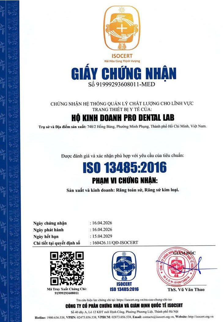 Chứng nhận Pro Dental Lab